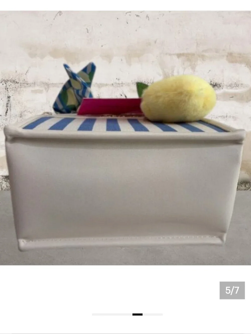 Betsey Johnson Blue Stripe Mini Satchel with Yellow Lemon Pom Charm NWT